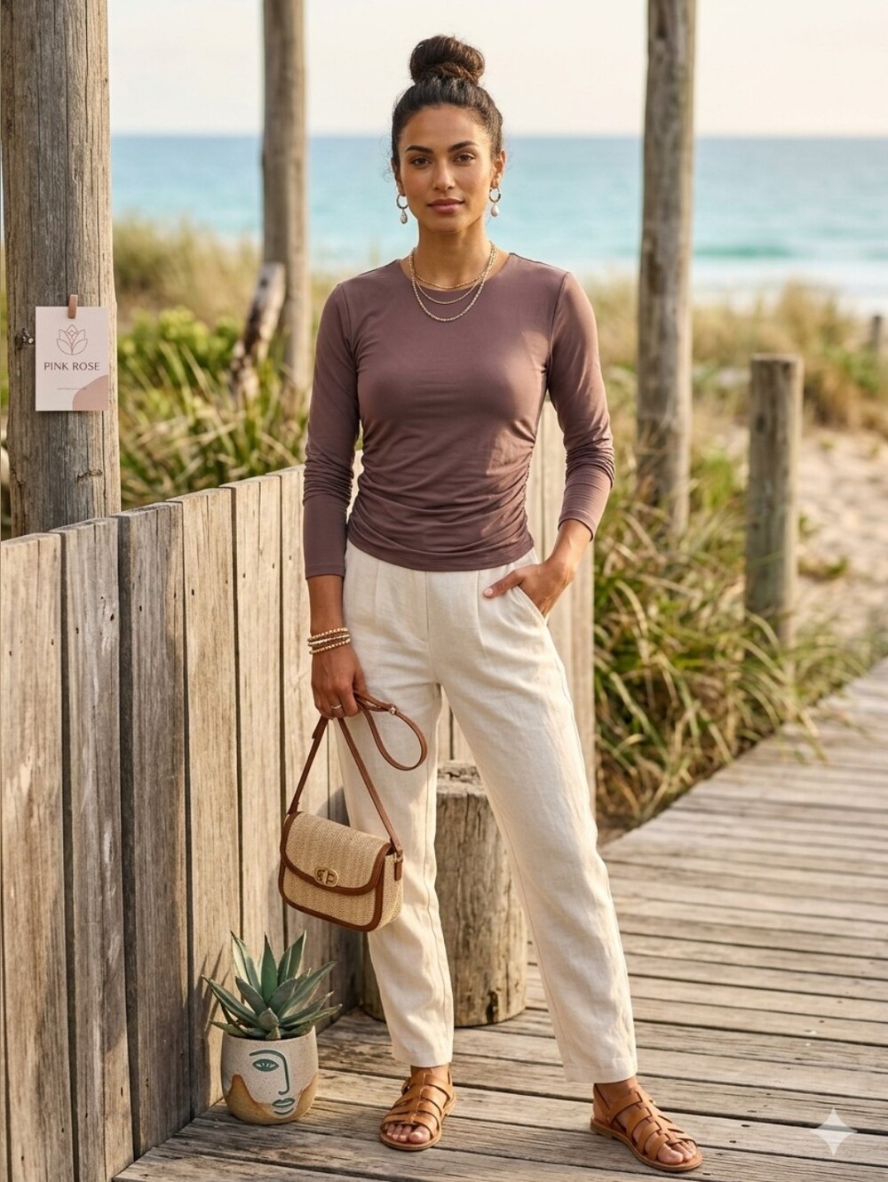 Pink Rose Ruched Long Sleeve Top - Mocha Brown / Mauve, Size L